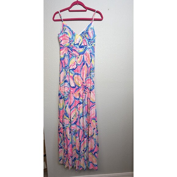 Lilly Pulitzer Melody Maxi Dress Sz 2 Pink Blue Tropical Beachy Preppy Tiered - Picture 2 of 5